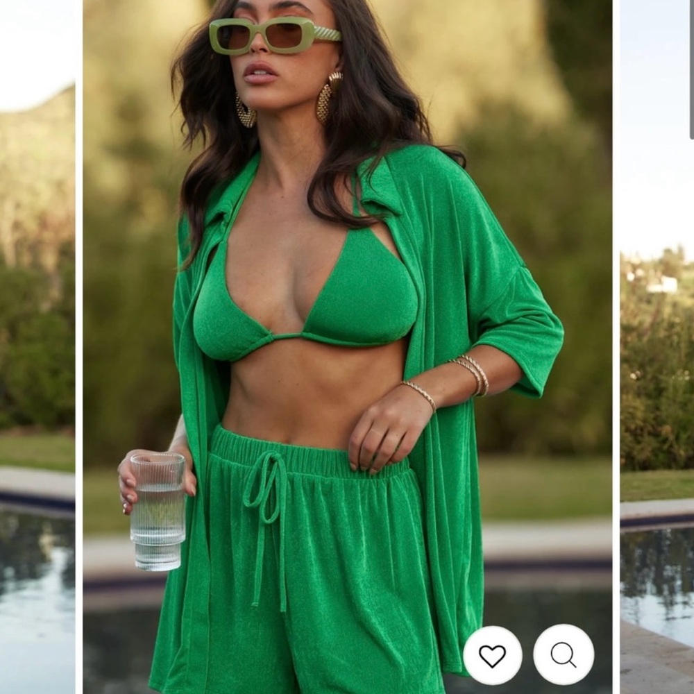 3 piece set :Vibrant Green Bikini Top shorts and Cover-Up